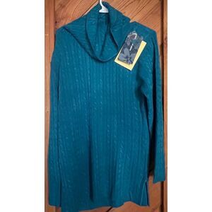 Susan Graver Style Cable Knit Turtleneck Sweater Teal Blue Medium NWT